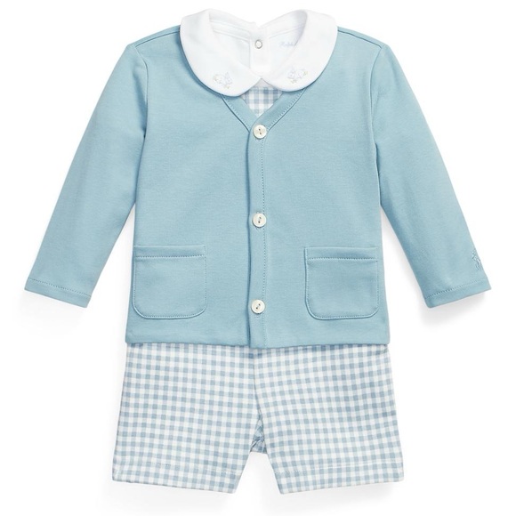 Ralph Lauren Baby 3-Piece Cardigan Overalls & Bodysuit Set in Blue Gingham 24M